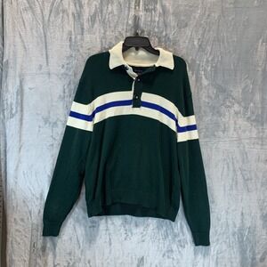 Cotton On Mens Rugby Knit Sweater L Deep Emerald Green Collar Henley 100% Cotton